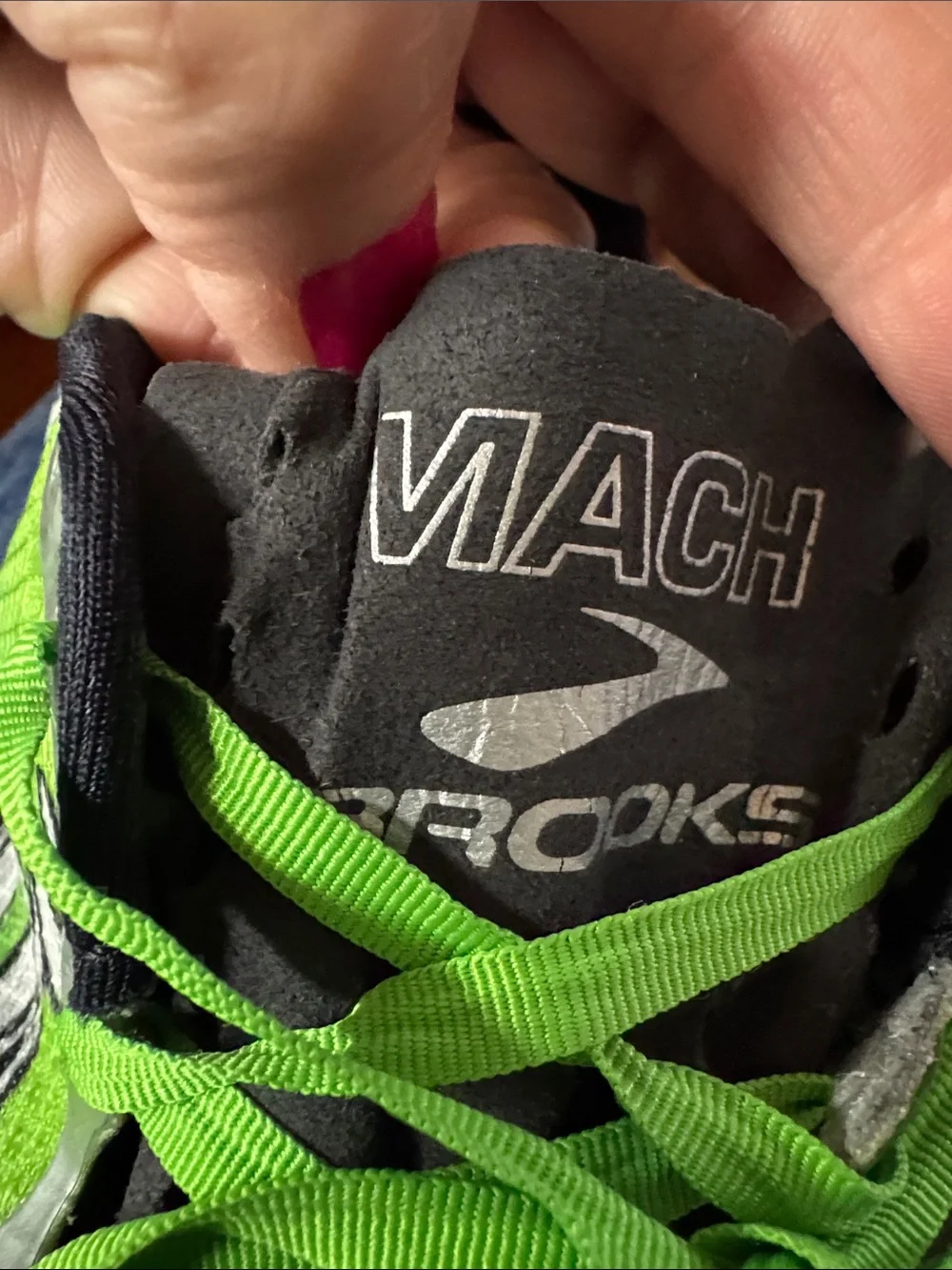 Brooks Mach Blue Green cross country Running Shoes with Neon Green Laces 11.5